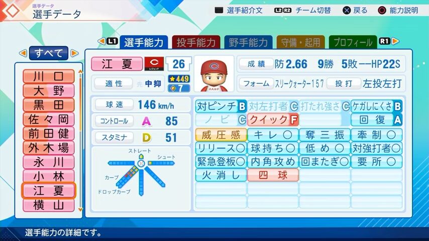 江夏豊のパワプロ能力データ2026年版広島カープレジェンドOB