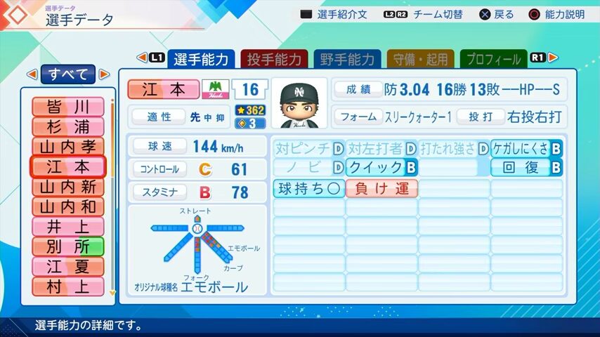 江本のパワプロ能力データ2026年版南海ホークスレジェンドOB