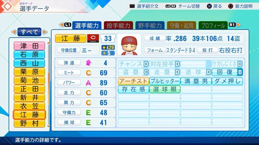 江藤智のパワプロ能力データ2026年版広島カープレジェンドOB
