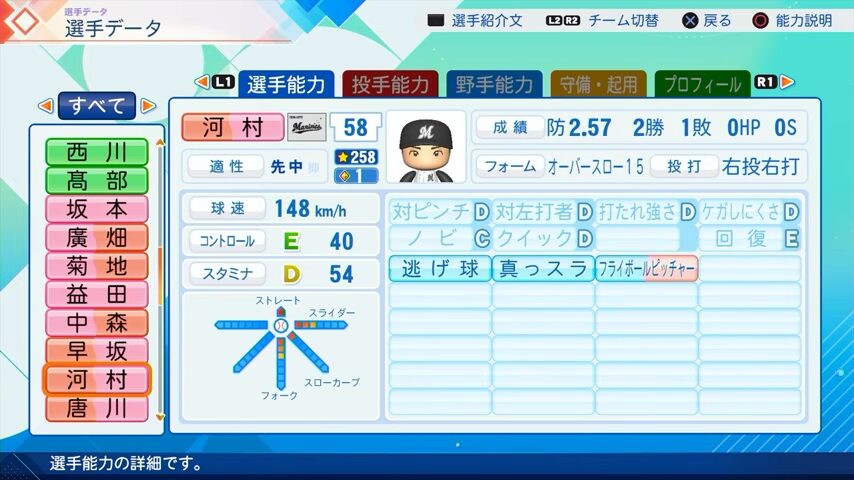 河村のパワプロ能力データ（2026年開幕版）・千葉ロッテマリーンズ