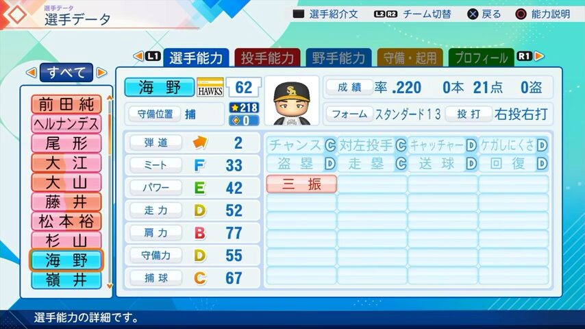 海野のパワプロ能力データ（2026年開幕版）・ソフトバンクホークス
