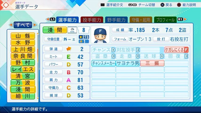 淺間のパワプロ能力データ（2026年開幕版）・日本ハムファイターズ