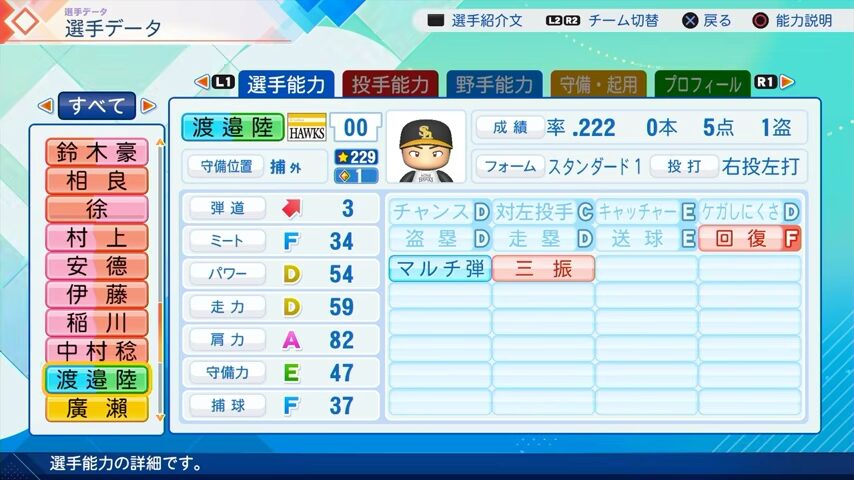 渡邉陸のパワプロ能力データ（2026年開幕版）・ソフトバンクホークス