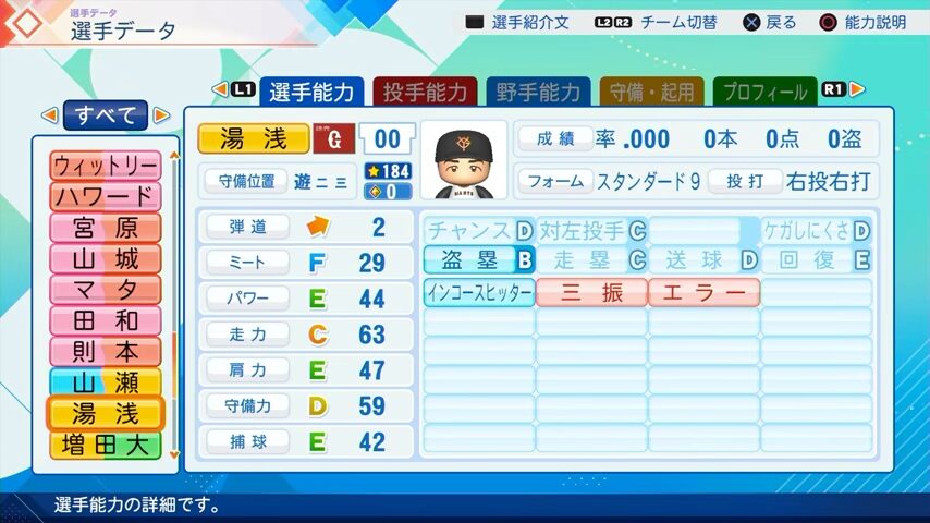 湯浅のパワプロ能力データ（2026年開幕版）・巨人