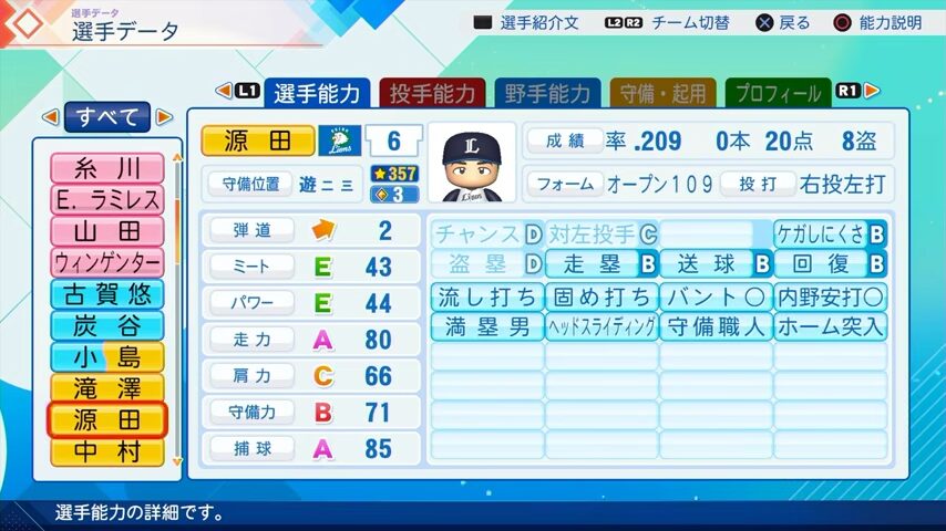源田のパワプロ能力データ（2026年開幕版）・西武ライオンズ