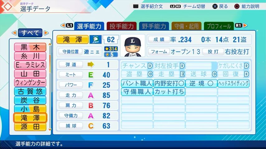 滝澤のパワプロ能力データ（2026年開幕版）・西武ライオンズ
