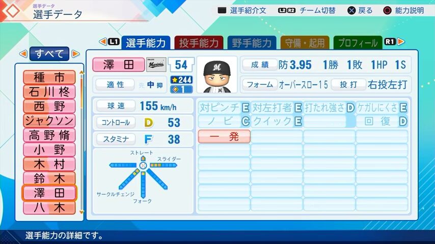 澤田のパワプロ能力データ（2026年開幕版）・千葉ロッテマリーンズ