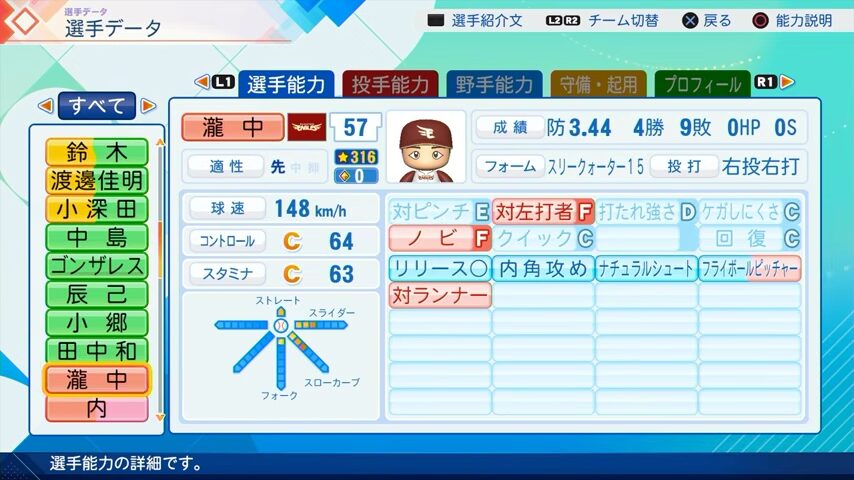 瀧中のパワプロ能力データ（2026年開幕版）・楽天イーグルス