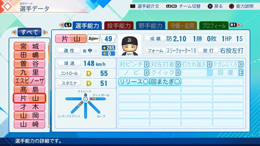 片山のパワプロ能力データ（2026年開幕版）・オリックスバファローズ
