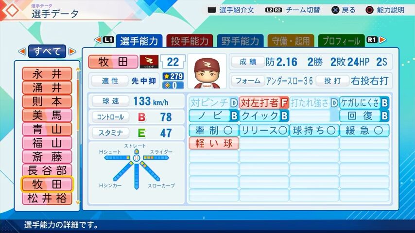 牧田のパワプロ能力データ2026年版楽天イーグルスレジェンドOB