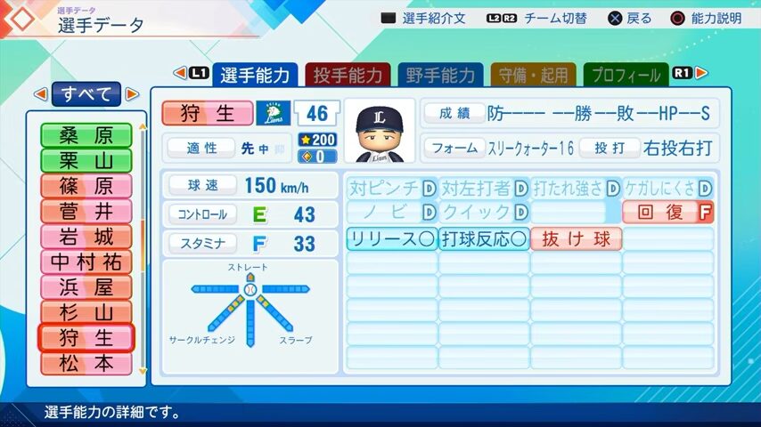 狩生のパワプロ能力データ（2026年開幕版）・西武ライオンズ