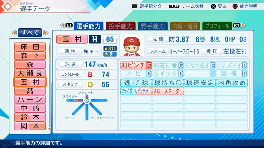 玉村のパワプロ能力データ（2026年開幕版）・広島カープ