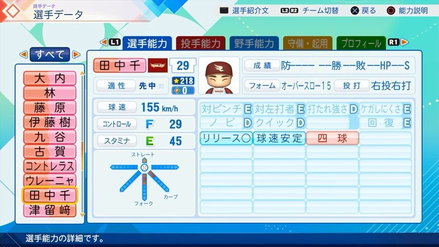 田中千のパワプロ能力データ（2026年開幕版）・楽天イーグルス