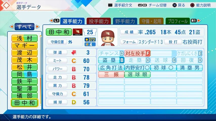 田中和基のパワプロ能力データ2026年版楽天イーグルスレジェンドOB