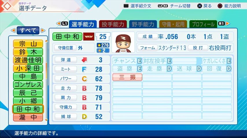 田中和基のパワプロ能力データ（2026年開幕版）・楽天イーグルス
