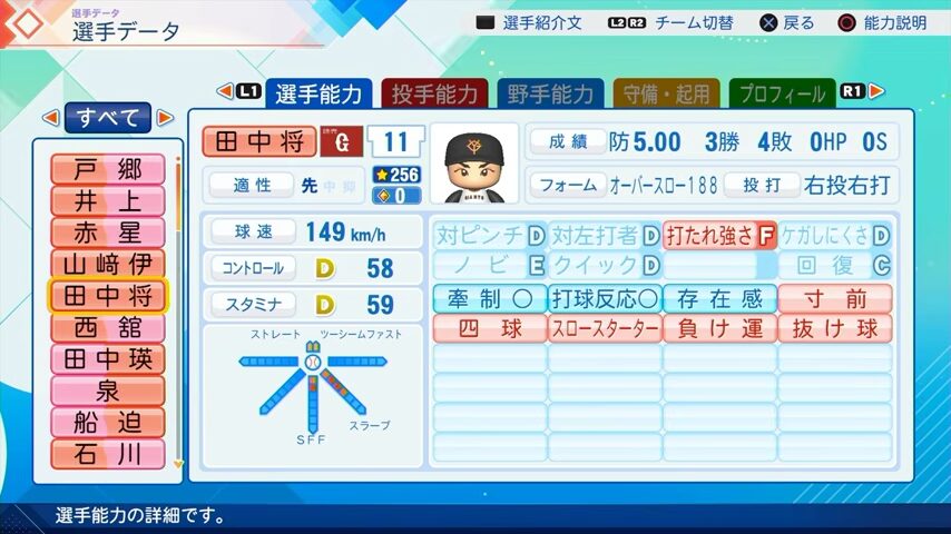 田中将大のパワプロ能力データ（2026年開幕版）・巨人