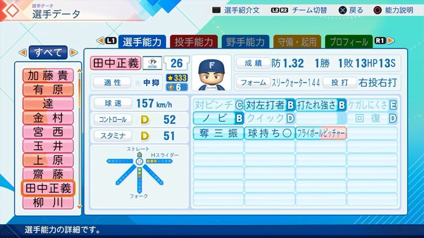 田中正義のパワプロ能力データ（2026年開幕版）・日本ハムファイターズ
