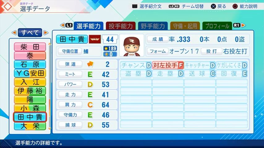 田中貴のパワプロ能力データ（2026年開幕版）・楽天イーグルス