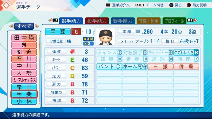 甲斐のパワプロ能力データ（2026年開幕版）・巨人