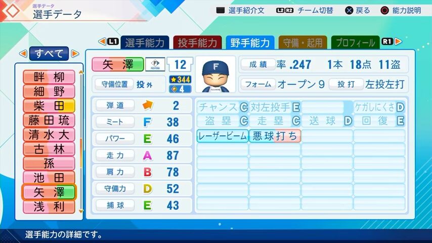 矢澤（野手）のパワプロ能力データ（2026年開幕版）・日本ハムファイターズ