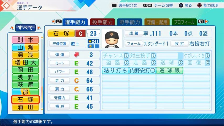 石塚のパワプロ能力データ（2026年開幕版）・巨人