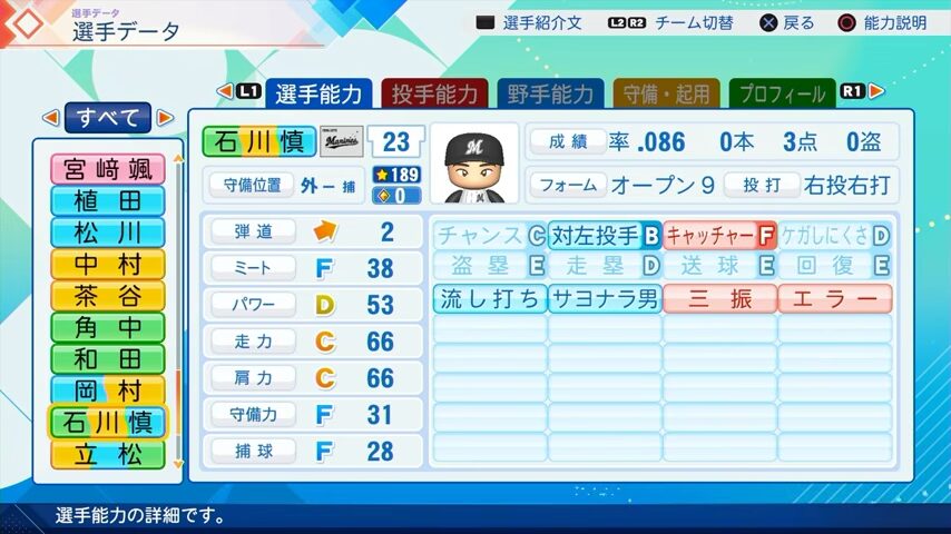 石川慎吾のパワプロ能力データ（2026年開幕版）・千葉ロッテマリーンズ
