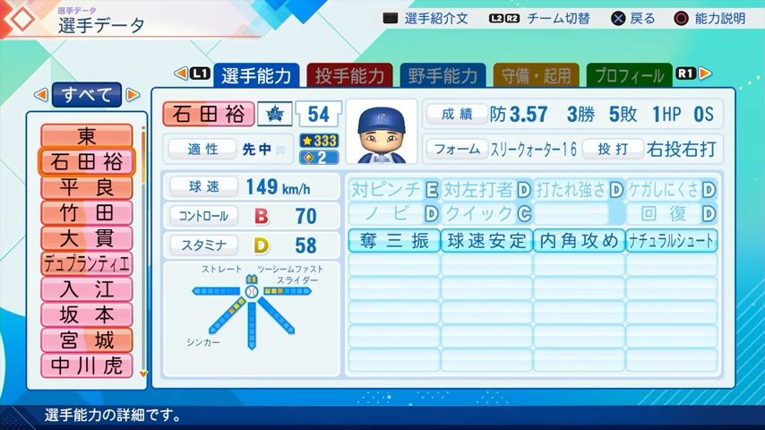 石田裕のパワプロ能力データ（2026年開幕版）・横浜DeNAベイスターズ