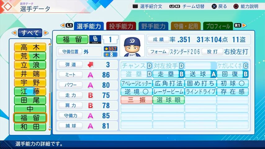 福留孝介のパワプロ能力データ2026年版中日ドラゴンズレジェンドOB