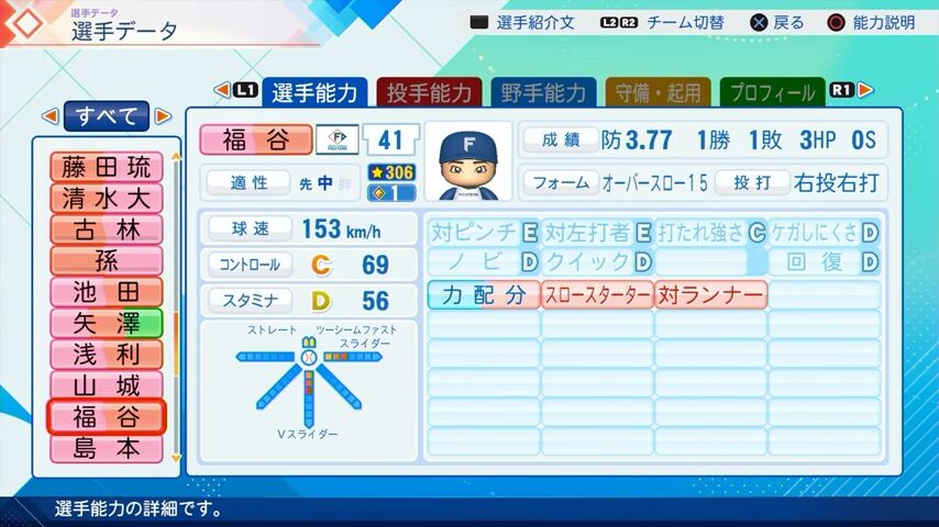 福谷のパワプロ能力データ（2026年開幕版）・日本ハムファイターズ