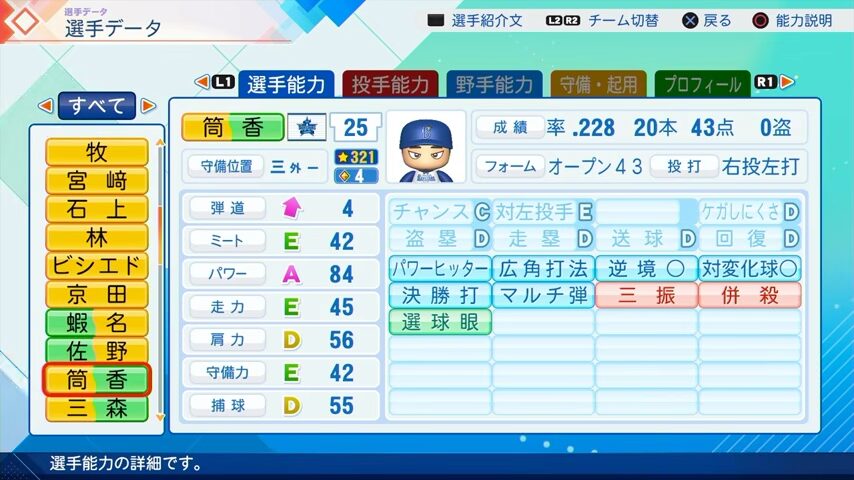 筒香のパワプロ能力データ（2026年開幕版）・横浜DeNAベイスターズ