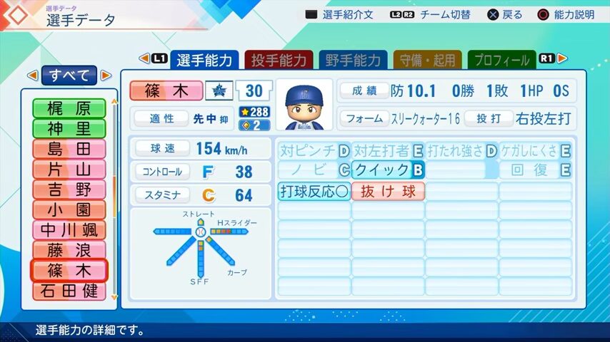 篠木のパワプロ能力データ（2026年開幕版）・横浜DeNAベイスターズ