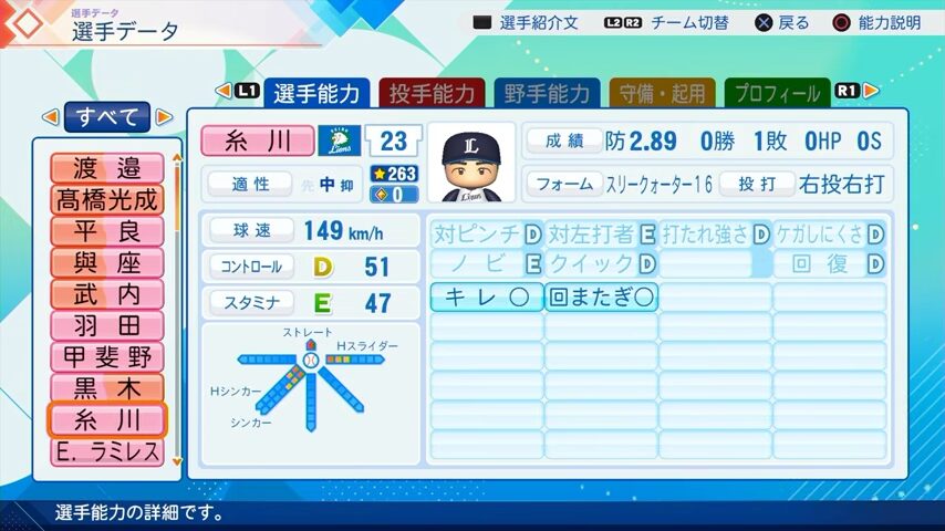 糸川のパワプロ能力データ（2026年開幕版）・西武ライオンズ