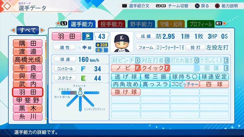 羽田のパワプロ能力データ（2026年開幕版）・西武ライオンズ
