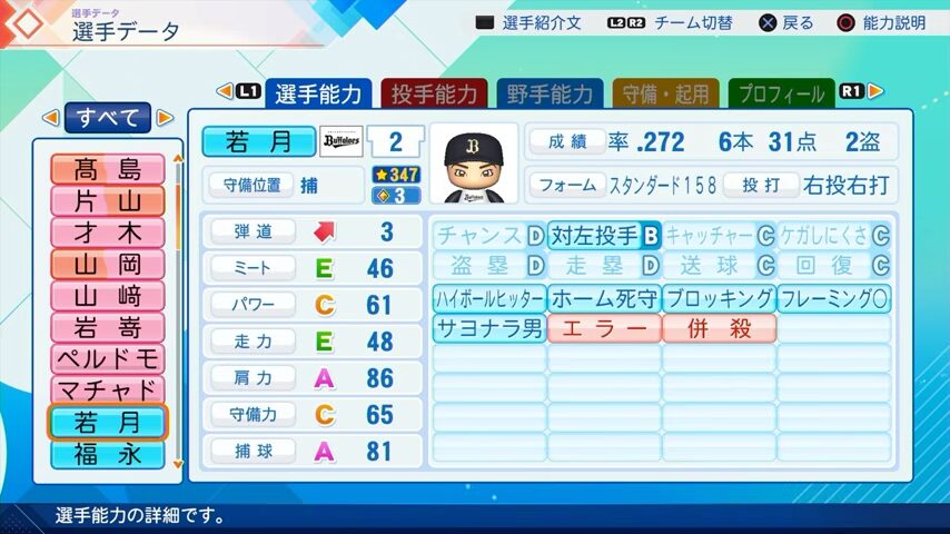 若月のパワプロ能力データ（2026年開幕版）・オリックスバファローズ