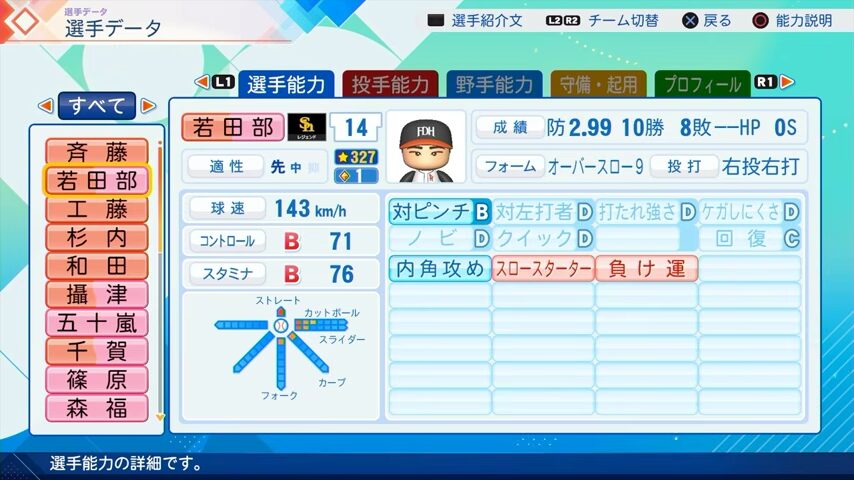 若田部のパワプロ能力データ2026年版ホークスレジェンドOB