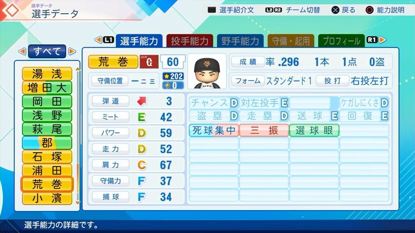 荒巻のパワプロ能力データ（2026年開幕版）・巨人