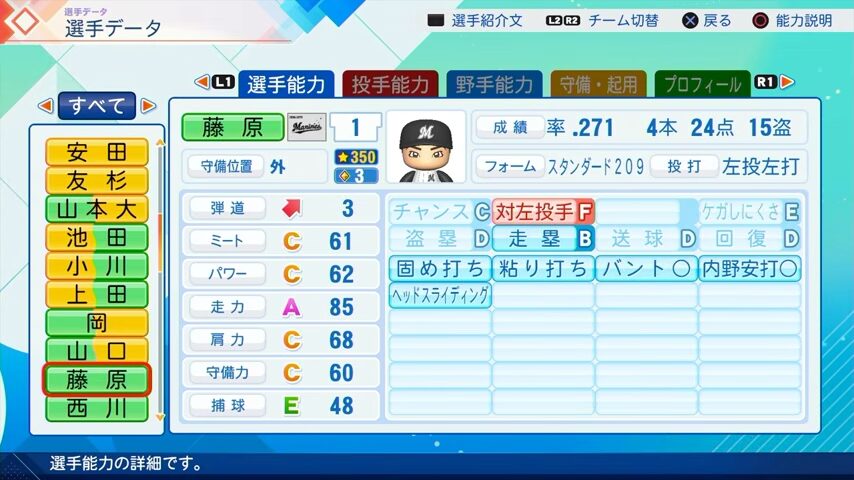 藤原恭大のパワプロ能力データ（2026年開幕版）・千葉ロッテマリーンズ