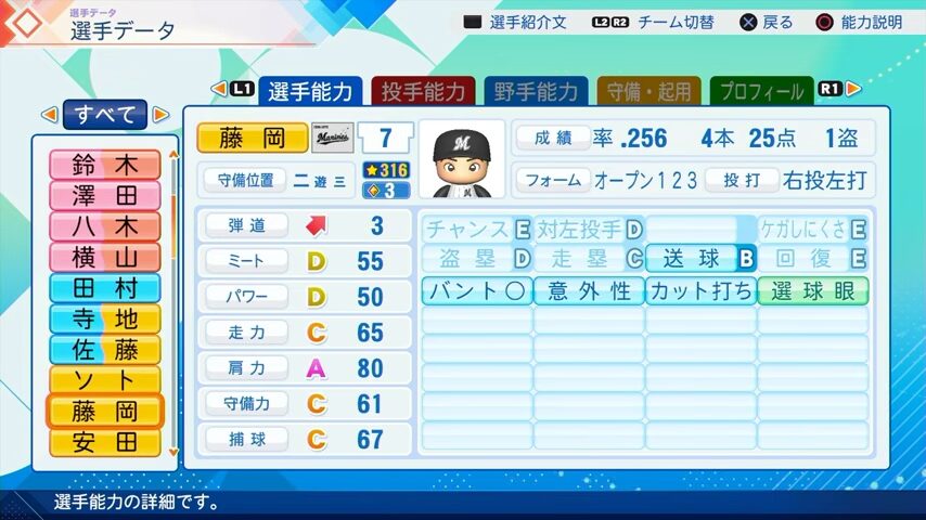 藤岡のパワプロ能力データ（2026年開幕版）・千葉ロッテマリーンズ