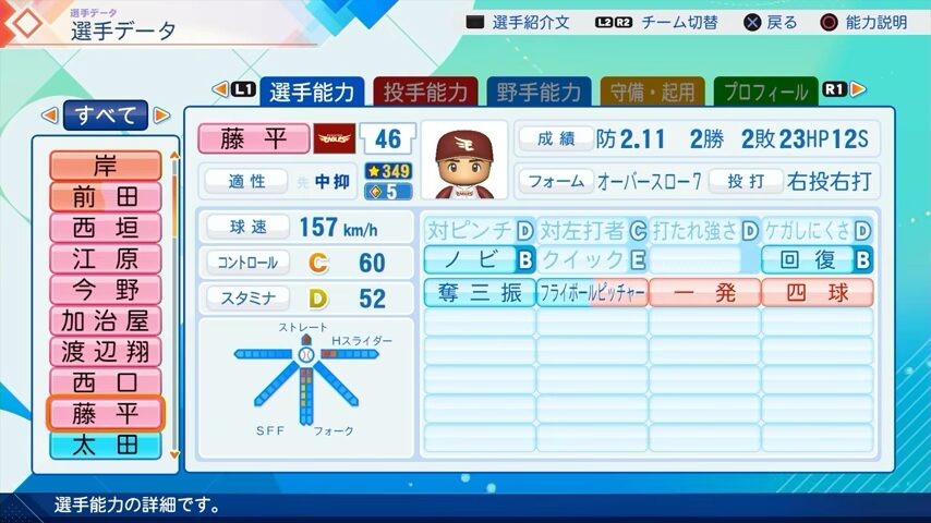 藤平のパワプロ能力データ（2026年開幕版）・楽天イーグルス