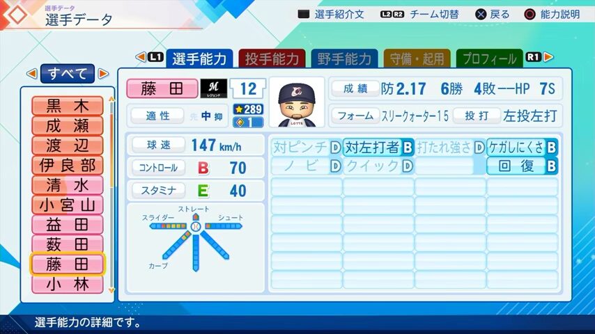 藤田のパワプロ能力データ2026年版千葉ロッテマリーンズレジェンドOB
