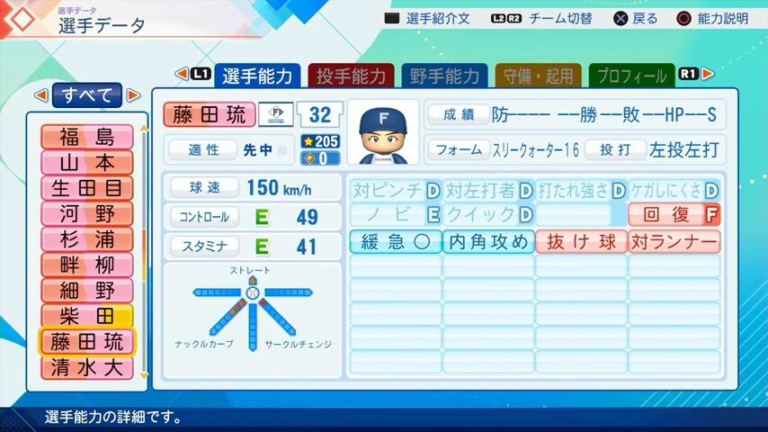 藤田琉のパワプロ能力データ（2026年開幕版）・日本ハムファイターズ