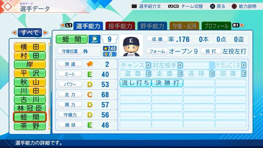 蛭間のパワプロ能力データ（2026年開幕版）・西武ライオンズ