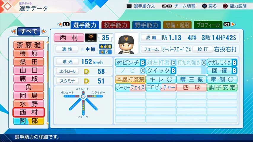 西村のパワプロ能力データ2026年版巨人レジェンドOB