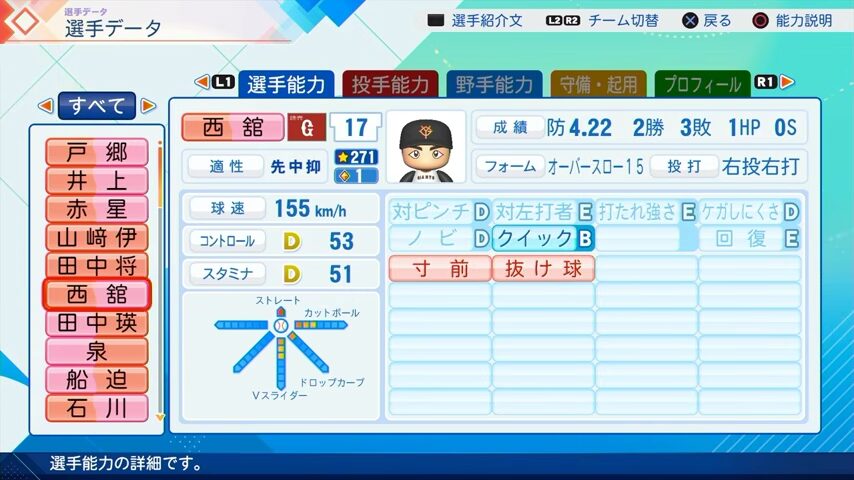 西舘のパワプロ能力データ（2026年開幕版）・巨人
