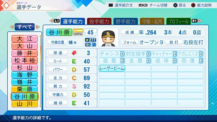 谷川原のパワプロ能力データ（2026年開幕版）・ソフトバンクホークス