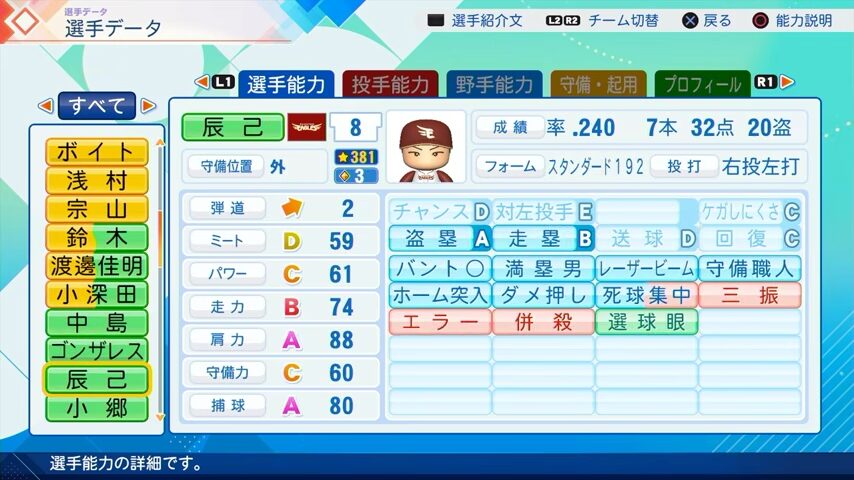 辰己のパワプロ能力データ（2026年開幕版）・楽天イーグルス