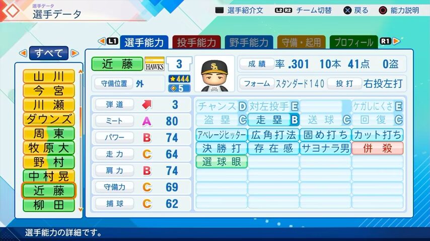 近藤健介のパワプロ能力データ（2026年開幕版）・ソフトバンクホークス
