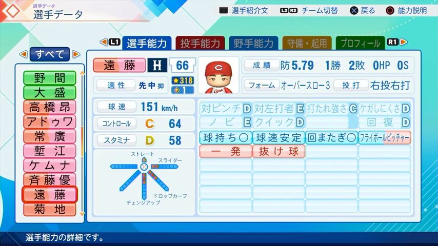 遠藤のパワプロ能力データ（2026年開幕版）・広島カープ