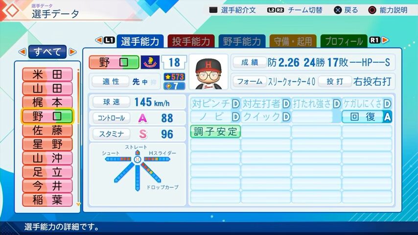 野口（投手）のパワプロ能力データ2026年版阪急ブレーブスレジェンドOB