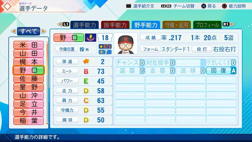 野口（野手）のパワプロ能力データ2026年版阪急ブレーブスレジェンドOB
